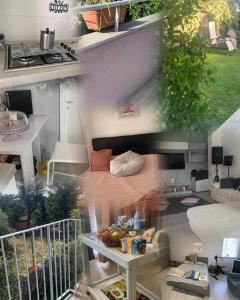 uma vista para um quarto com uma cama e uma varanda em Camera con bagno privato em Ragalna