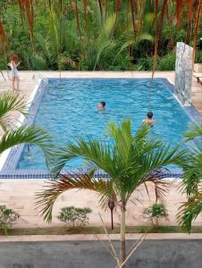 twee mensen in een zwembad met een palmboom bij V-Relaxing Resort (Kompot) កំពត in Kampot