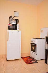a kitchen with a white refrigerator and a stove at Rozie Apartment in Kisumu