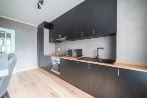 a kitchen with black cabinets and a sink at Apartamento AN Sol “Ferrol” in Ferrol