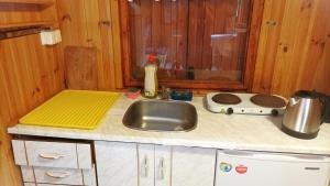 a kitchen counter with a sink and a stove at Old cottage, steep hill, read info and rating in Rozdrojovice