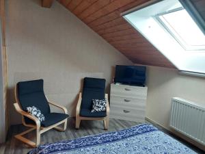 um quarto com 2 cadeiras, uma televisão e uma cama em Baloe em Manderfeld