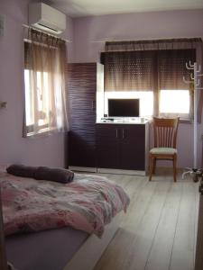 een slaapkamer met een bed, een bureau en een stoel bij Rose Valley Guests room in Kazanlik