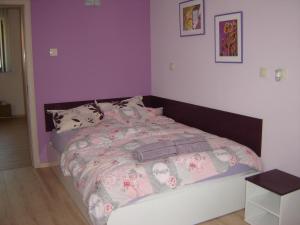 een slaapkamer met een bed met roze en paarse muren bij Rose Valley Guests room in Kazanlik