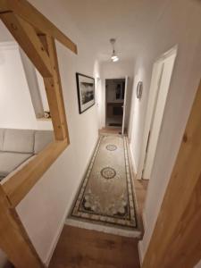 een hal met een trap met een tapijt op de vloer bij Natur in Maintal