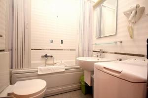 a bathroom with a sink and a toilet and a tub at Plava Vila Beach Apartments Sveti Stefan in Sveti Stefan