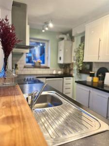 a kitchen with a sink and a vase of flowers on a counter at Canalside Terrace-Boutique Stay Worcester City in Worcester
