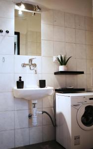 y baño con lavabo y lavadora. en Cozy Apartment in the Middle of Bratislava, en Bratislava