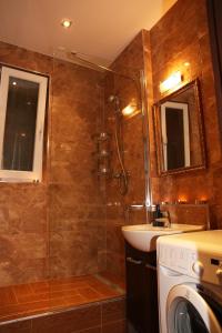 y baño con ducha, lavabo y lavadora. en City center apartment in middle of Bratislava, en Bratislava