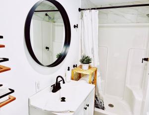 W łazience znajduje się umywalka i lustro. w obiekcie Cozy Country Get Away Studio at Firefly Acres w mieście Olean