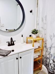uma casa de banho com um lavatório e um espelho em Cozy Country Get Away Studio at Firefly Acres em Olean