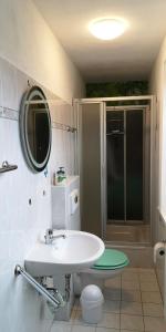 a bathroom with a sink and a toilet and a mirror at Ferienwohnung Lahann in Saalfeld