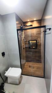 a bathroom with a toilet and a shower with a shower at Apartamento calmo e aconchegante in Florianópolis