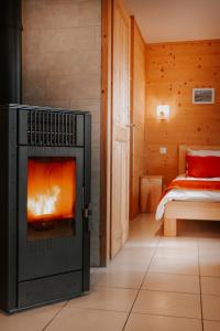 a fireplace in a room with a bed at Chalet Les Hellebores in La Toussuire