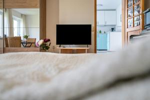 sypialnia z łóżkiem i telewizorem w obiekcie Appartment Piano w mieście Deisenhofen