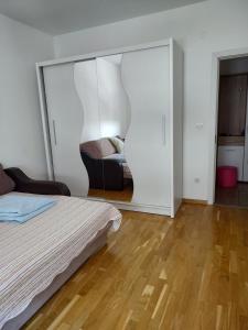 a bedroom with a bed and a large mirror at Apartman in Mali Mokri Lug