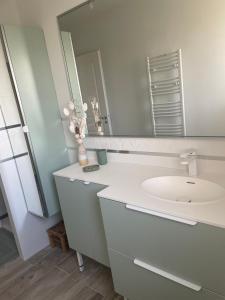 een witte badkamer met een wastafel en een spiegel bij La Villa des Vergers in Coulounieix-Chamiers
