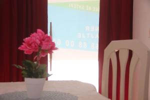 un jarrón con una flor rosa sentado en una mesa en One Room, en Shkodër