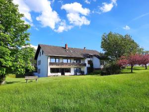 a white house with a bench in a field at Pension Schneider in Frauenau