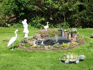 a bird and a turtle in a garden with a fountain at Haus Zaunwiese in Grasellenbach