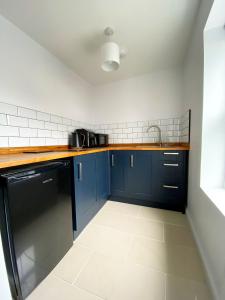 a kitchen with blue cabinets and a sink at Poldice Valley Apartments in Chacewater