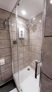 a shower with a glass door in a bathroom at Poldice Valley Apartments in Chacewater