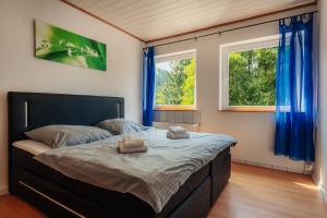 ヴィルデマンにあるFerienwohnungen Hafermarktのベッドルーム1室(ベッド1台付)、青いカーテン付きの窓2つが備わります。