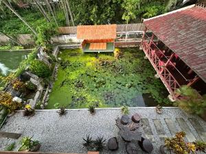 an aerial view of a pond with a bridge at Villa Mahasok hotel in Luang Prabang