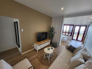 sala de estar con sofá y TV en Maison Première ligne Tocade1, en Andernos-les-Bains