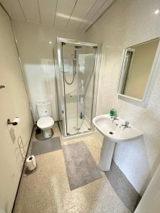 La salle de bains est pourvue d'une douche, d'un lavabo et de toilettes. dans l'établissement IBROX GuestHouse, à Glasgow