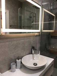 ein Badezimmer mit einem weißen Waschbecken und einem Spiegel in der Unterkunft Wolf Apartment in Kłodzko