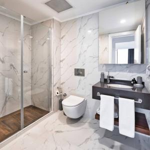 Grand Sapphire Resort Residence -Mansion de la Mer في Saint Yeorgios: حمام مع مرحاض ودش ومغسلة