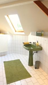 een badkamer met een groene wastafel en een dakraam bij NOAH - Beste Lage, ruhig und romantisch in Zeulenroda