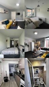 a collage of four pictures of a bedroom and a living room at Beautiful 1 Double Bedroom Flat Sheffield Netheredge in Heeley