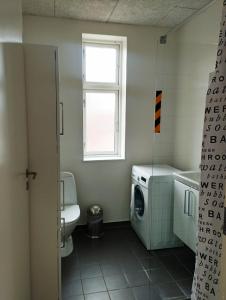 a bathroom with a washing machine and a window at Østergade 87. 1 th (id.026) in Esbjerg