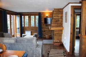 sala de estar con sofá y chimenea en Alpina Lodge Chalet By Valdiski en Val dʼIsère