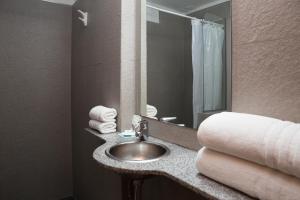 a bathroom with a sink and a mirror and towels at Hotel Premier Bariloche in San Carlos de Bariloche