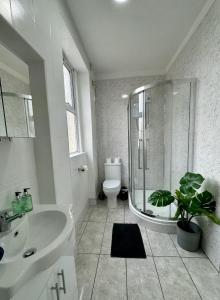 La salle de bains est pourvue d'une douche, d'un lavabo et de toilettes. dans l'établissement Space for groups, 10 mins from Queen St!, à Cardiff