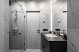 a bathroom with a glass shower and a sink at Miško Spa namas in Molėtai +40 photos