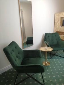 Sala de estar con 2 sillas verdes y espejo en Charming 1-Bed Apartment in Cork, en Cork