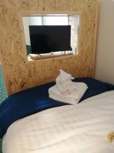 Habitación de hotel con 1 cama con 2 toallas plegables en Charming 1-Bed Apartment in Cork en Cork