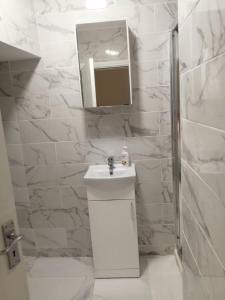 Baño blanco con lavabo y espejo en Charming 1-Bed Apartment in Cork en Cork