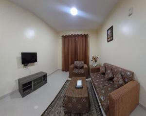 a living room with a couch and a tv at Al Khaleej Plaza Furnished Apartments LLC in Ajman 