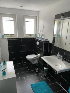 a bathroom with a white toilet and a sink at Ferienwohnung Klatschmohn in Wallscheid
