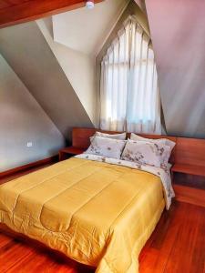 a bedroom with a yellow bed with a window at Casa Belgrado, te espera. in Oxapampa