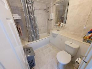 a bathroom with a toilet and a sink and a shower at F5 Near BARRY ISLAND PRIVATE AIRPORT Parking x 2 Cars Or Vans Free Wifi Washer Hob & Cooker Welcome Tray Provided in Barry