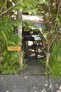 a wooden walkway in a garden with plants at Bungalow Caraïbes, proche de la route mais calme la nuit. in Trois-Rivières