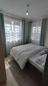 1 dormitorio con 1 cama grande y cortinas azules en Bliss Escapes en Ruiru