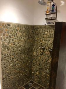 a bathroom with a shower with a stone wall at Modern Studio/Apt overlooking Pool/Ocean view in San Juan del Sur