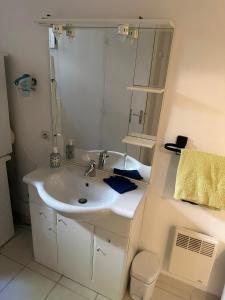 ein weißes Badezimmer mit einem Waschbecken und einem Spiegel in der Unterkunft Welcome, Bienvenue, Chez Charly! in Nébian